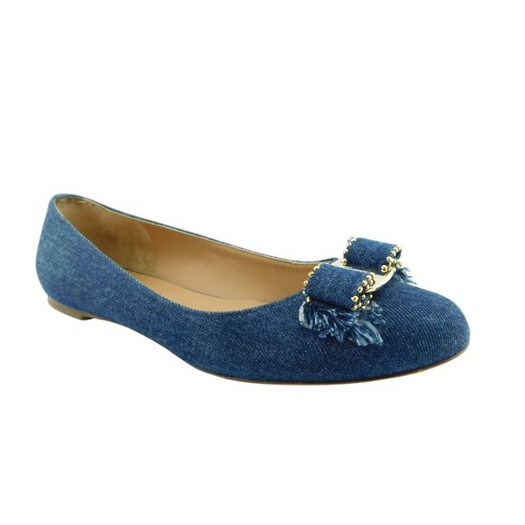 FERRAGAMO Vara Logo Studded Bow Denim Blue Jean Ballet Flats 9 - Picture 1 of 7